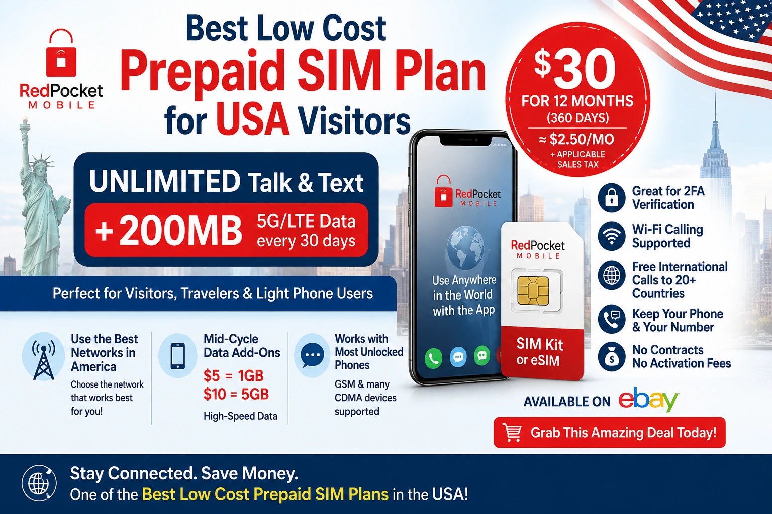 best low cost prepaid SIM plan for USA visitors