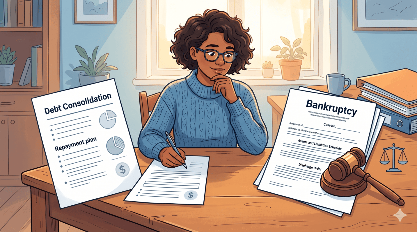 debt consolidation vs bankruptcy comparison guide for Americans struggling with credit card debt showing 7 critical differences